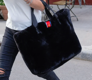 Black Faux Fur Reversible Oversized Tote- Waterproof Satin