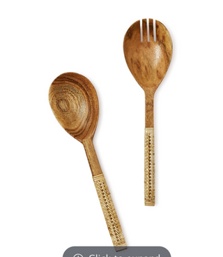 Set of 2 Wood Salad Servers with Wrapped Wicker Handle in Giftbox