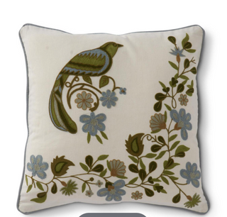 20" Blue/Green Floral and Bird Embroidered Throw Pillow