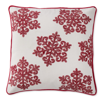 18 Inch Cream Cotton Pillow w/Red & Cream Embroidered Snowflakes