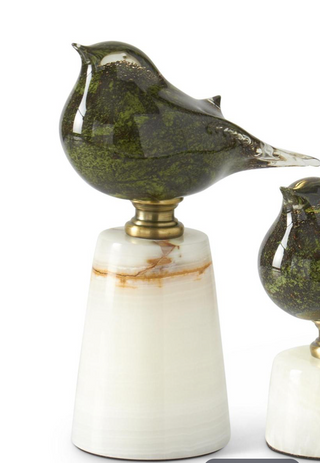 Green Glass Bird on White Marble Base - Large
