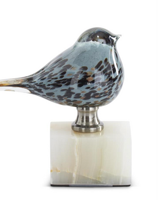 Blue Glass Bird on White Square Marble Base - Small
