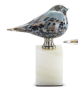 Blue Glass Bird on White Square Marble Base - Large