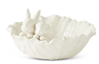 12 Inch Antiqued White Dolomite Cabbage Bowl w/Rabbits