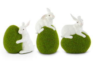 Assorted 5.5 Inch Moss Eggs w/Glossy White Rabbits (3 Styles)