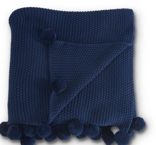 Blue Moss Stitch Knit Throw Blanket w/Pompom Trim - 60"