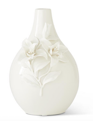 White Ceramic Handcrafted Lily Bottle Neck Vase 10.5"