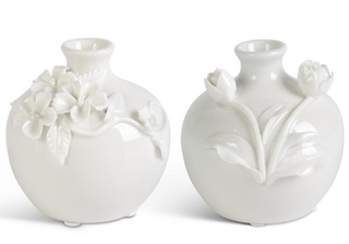 Assorted Short White Ceramic Vase w/Raised Flowers (2 Styles)