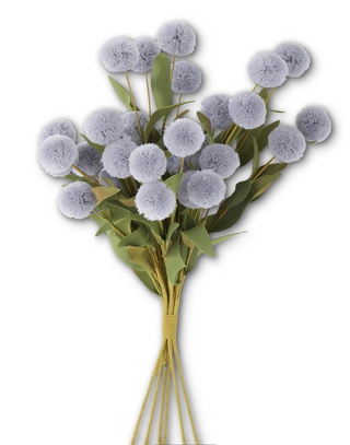 Gray Blue Pompom Pick w/Green Eva Leaves Bundle (6 Stems) - 13"