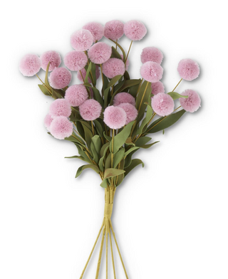 Light Purple Pompom Pick w/Green Eva Leaves Bundle (6 Stems) - 13"