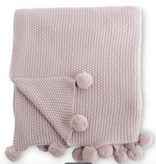 Pink Moss Stitch Knit Throw Blanket w/Pompom Trim - 60"