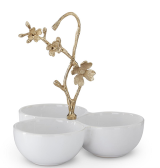White Ceramic 3 Bowl Condiment Server w/Gold Metal Floral Hand
