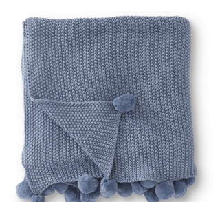 Light Blue Stitch Knit Throw w/Pompom Trim 60"