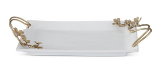 White Ceramic Rectangular Tray w/Gold Metal Floral Handles