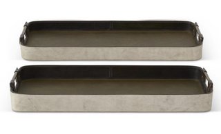 Small Weathered Canvas & Green Leather Nesting Trays w/Handles