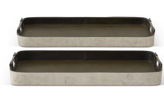 Large Weathered Canvas & Green Leather Nesting Trays w/Handles