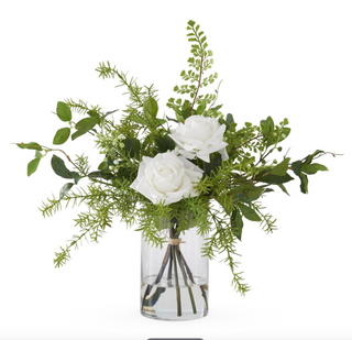 White Real Touch Diamond Rose & Foliage Premade w/Faux Water