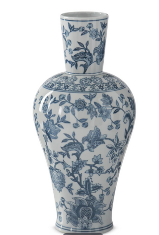 Navy Blue & White Porcelain Chinoiserie Fluted Vase