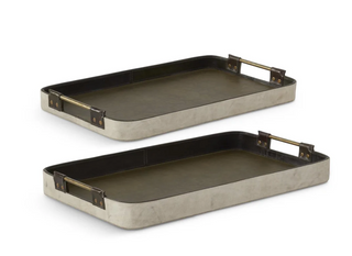 Large Weathered Canvas & Green Leather Nesting Trays w/Handles