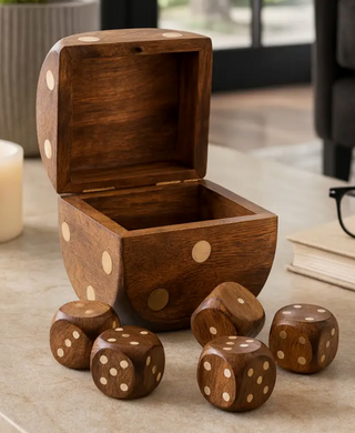 Box Game Set - Brown Mango Wood Dice-Shaped Storage,