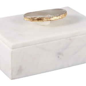 Marble Agate Top Lidded Storage Box - White/Gold,