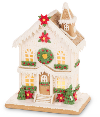 Lighted Poinsettia Gingerbread House 12.5"
