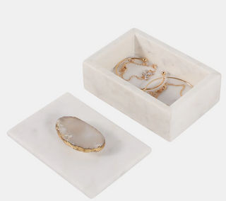 Marble Agate Top Lidded Storage Box - White/Gold,