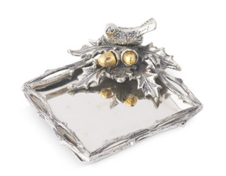 Square Polished Silver Tray w/Birds and Oak Leaves