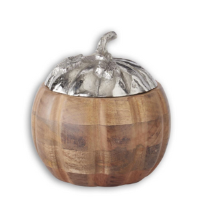 Wood Pumpkin Container w/Silver Metal Lid
