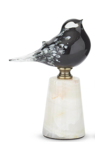 Large Black & White Speckle Glass Birds on White Marble Base
