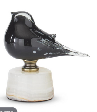 Small Black & White Speckle Glass Birds on White Marble Base