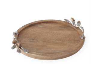 Round Wood Tray w/Silver Metal Handles & Acorns
