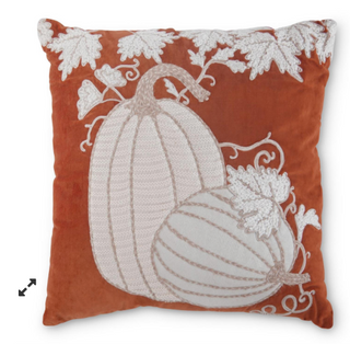 Square Orange Velvet Pumpkin Embroidered Pillow 18"