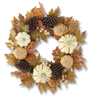 Fall Leaf & Berry Wreath w/White & Orange Pumpkins 24"